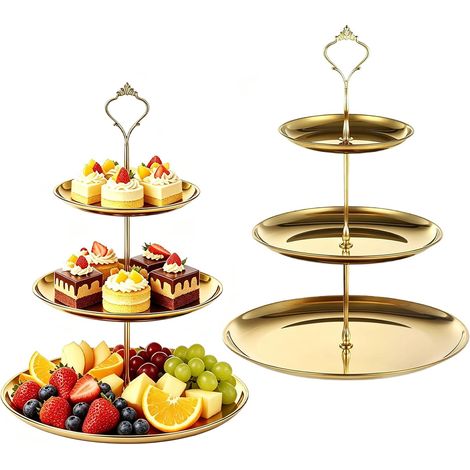 Présentoir à 3 étages avec poignée de transport, en acier inoxydable, support de service amovible, pour gâteaux, desserts, fruits, bonbons, plus encore, également comme accessoire de buffet (2 Or) (1/5)