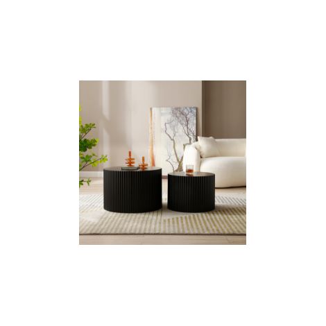 Set de 2 mesas de centro nido Ø60x40 y Ø48x35 cm negro en MDF con borde ondulado y diseño apilable (1/5)