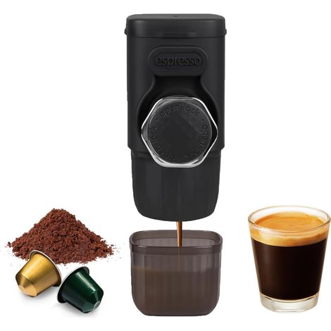 Macchina da caffè portatile 2 in 1 compatta e pratica, ideale per campeggio e viaggi, compatibile con caffè macinato e capsule. Funzionamento manuale. Pressione 15 bar.