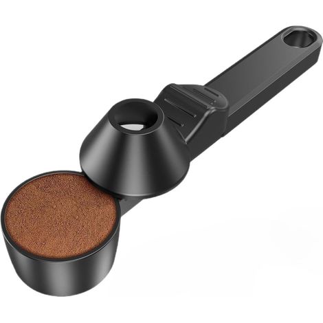 Cucharas medidoras de café con embudo y nivelador, 2 cucharadas, negras, multiusos, para café, té, especias y proteína en polvo, paquete de 2 (1/5)