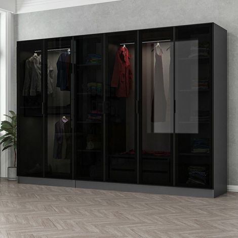 Guardaroba Grande Nogaro, Armadio Camera da Letto Appendiabiti, 10 Ripiani, 6 Ante, 270x210h cm Nero Antracite (1/5)