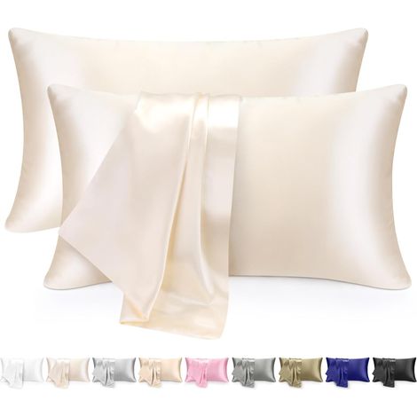 Lot de 2 Taie d'oreiller Satin 51x76, Fermeture Éclair, Ivoire Blanc, Pour Cheveux et Peau (1/5)