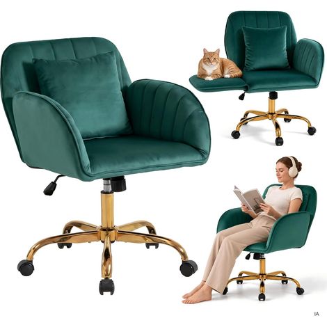 UEV Fauteuil de Bureau en Velours, Accoudoirs Rabattables, Fonction de Balancement, Coussin 6cm, Roulettes Silencieuses, pour Chambre, Bureau, Salon, 58 x 56 x 82-92 cm, Vert Froncé (1/5)
