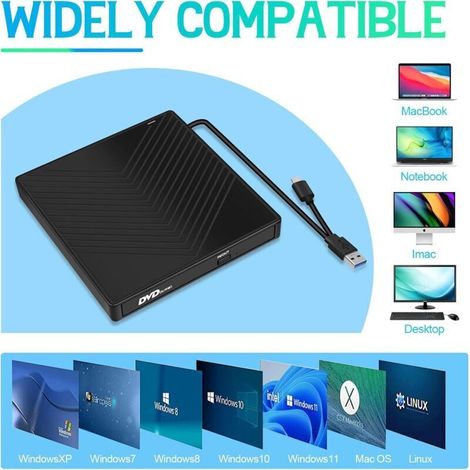 Lecteur DVD externe 7 en 1 USB 3.0 Type-C – Graveur CD/DVD +/-RW portable – 4 ports USB et emplacement SD/TF – Compatible Windows 11/10, Linux, Mac