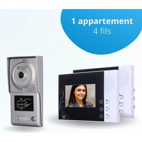 Portier interphone vidéo CLASSIC 4 Fils - 1 appartement - 2 écrans noirs - avec lecteur de badge