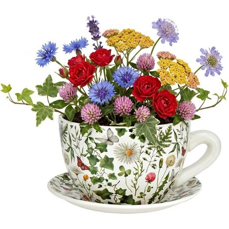Vase ou pot de fleurs en forme de tasse fleurs des champs 23 x 25 cm