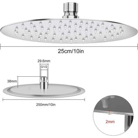 Tete de Douche Ronde, Pomme de Douche en Acier Inoxydable 304, 10 Pouces, G1/2” Connexions Standard Threads (1/4)