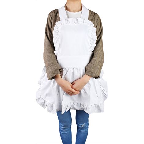 Tablier de cuisine femme blanc coton, tablier de servante à volants ourlet, unie solide (1/5)