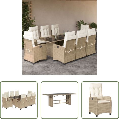 Gartentisch - 9-tlg. Garten-Essgruppe mit Kissen Beige Poly Rattan (1/5)