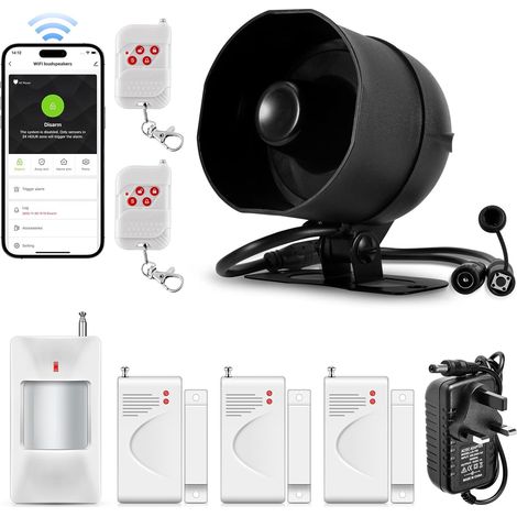 Kit d'alarme sans fil Wi-Fi pour porte de garage, abri de jardin, maison, hôtel, magasin, appartement, sirène résistante aux intempéries avec télécommande de porte, capteur de mouvement, télécommande (1/5)