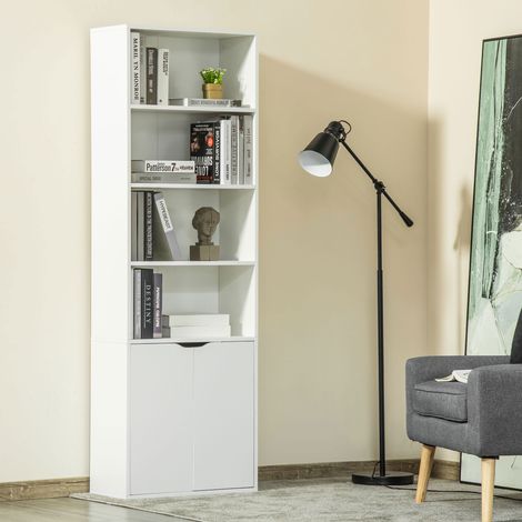 Libreria/scaffale con 4 vani a giorno e 2 ante per soggiorno/ufficio, 59x29x180 cm, bianca