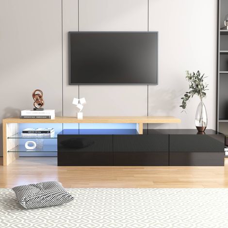 Meuble TV LED 197,5 x 39 x 42 cm, 3 portes et 2 étagères en verre, en MDF, salon moderne, noir brillant et bois (1/5)