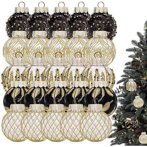 Boules de Noël décoratives pour sapin, en PVC incassable et scintillant, 6 cm (2,36 pouces), noir et or. (1/5)