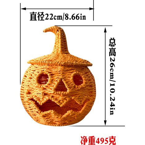 Halloween-Tischdekoration aus Strohgeflecht, Kürbislaterne mit Smiley-Gesicht, orange, Stil B, 22 x 22 x 26 cm (Höhe), Gewicht ca. 495 g