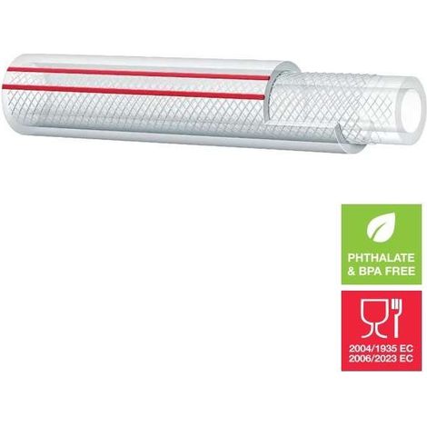 Tuyau en PVC renforcé norme AS 2070 transparent rayure longitudinale rouge sans phtalates pour eau air comprimé produits alimentaires, Ø intérieur 6 mm longueur 2 mètres