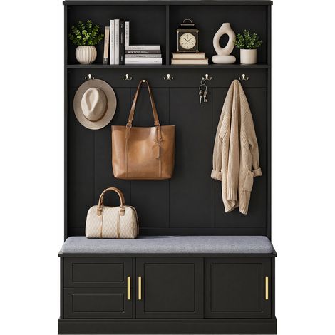 Porte-manteau avec banc à chaussures et meuble d’entrée, 6 crochets triples, étagère ouverte, noir, 120×40×191 cm, pour entrée et couloir  CHICFURN (1/5)