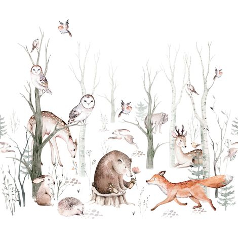 papier peint panoramique animaux de la forêt vintage blanc et marron  - ESTAhome (1/5)