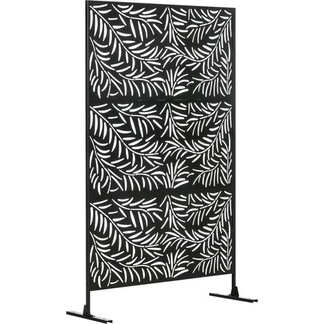 Paravent avec support, cloison de séparation à motif de feuilles de saule, 122 x 198 cm, convient pour les jardins et les patios, acier, noir.