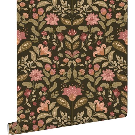 papier peint fleurs vintage vert et rose  - ESTAhome (1/5)