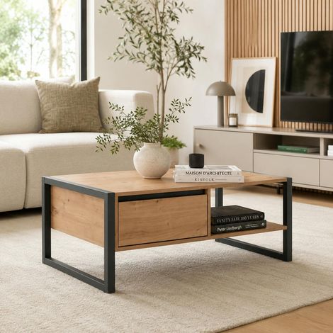 Table basse effet chêne 1 tiroir 1 niche ALVA (1/5)