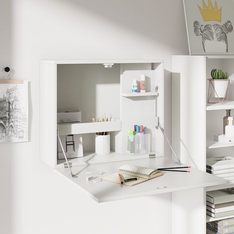 Klappbarer und platzsparender Wandschreibtisch mit Ablagen, für Arbeitszimmer, Wohnzimmer und Büro, aus Spanplatte und MDF, 60 x 21,5 x 50 cm, Weiß