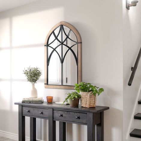 Espejo de pared arqueado con detalles modernos y ganchos, madera y cristal, 60x93 cm, marrón y negro.