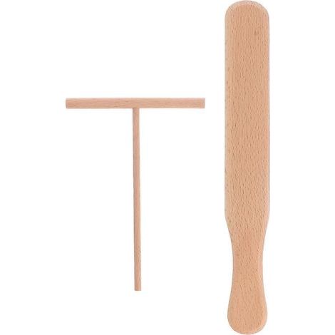 Ensemble de 2 ustensiles de cuisine pour crêpes : spatule et râteau à tortillas en bois. (1/4)