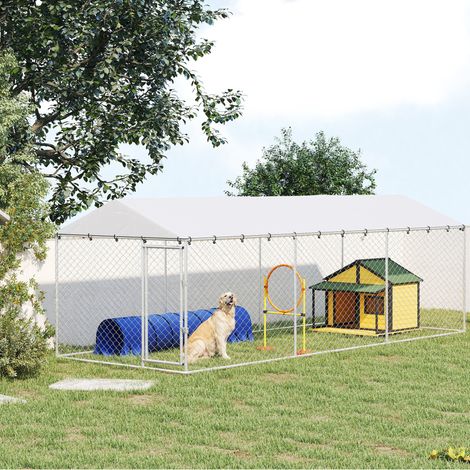 Enclos extérieur pour chien avec grillage galvanisé et cadenas. Fabriqué en acier et tissu Oxford. 6 x 2,3 x 2 m. Argenté.