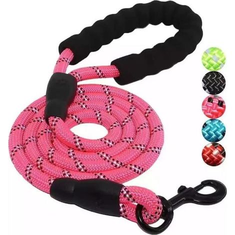 1 laisse chien rose, corde nylon épaisse 1,2 cm, poignée rembourrée et bandes réfléchissantes, pour promenade quotidienne (1/4)