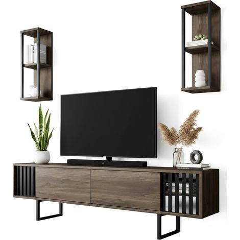 Dmora - Mueble de televisión Ananke, Aparador de salón, Mueble bajo para TV, Base de pared equipada, 180x30h48 cm, Nogal y Negro, con embalaje reforzado