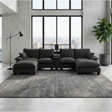 Canapé U-Form Chenille Schwarz 362x151x90 cm, modular mit Stauraum, USB und Getränkehaltern (1/5)