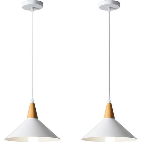 Lustre suspendu rétro E27 lot de 2, abat-jour métal bois blanc 25cm. Luminaire industriel moderne pour cuisine, salle à manger, chambre, café. (1/5)