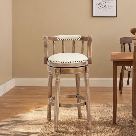 Tabouret de bar blanc en cuir véritable et bois pivotant (1/5)