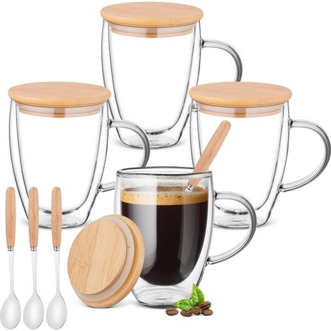 Lot de 4 verres double paroi 350ml avec couvercle & cuillère, verre borosilicaté