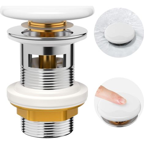 Bonde de Lavabo avec Trop-Plein, Bonde de Lavabo universelle, valve pop-up blanche avec couvercle en céramique, bouchon de vidange avec trop-plein – G 1¼ (1/5)