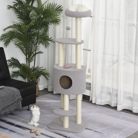 Arbre à chat gris 148 cm avec griffoir, hamac et niche douillet, tour d'escalade pour félin dotée de plateformes en peluche haute densité (1/5)