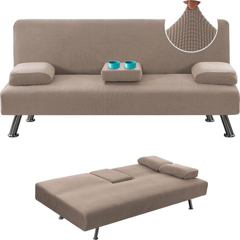 Set of 4 Stretch Sofa Covers for Sofa Bed with Removable Armrests and Cup Holder Covers, Furniture Protector, Small Check Jacquard Fabric (Khaki) (1/5)