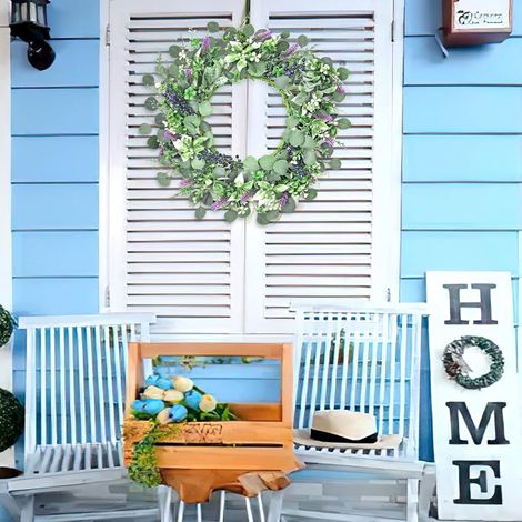 Couronne d'eucalyptus pour porte 45 cm, couronne de lavande artificielle, fausses fleurs et baies, guirlande de fausses feuilles vertes, décoration printemps-été-AquaForge (1/4)