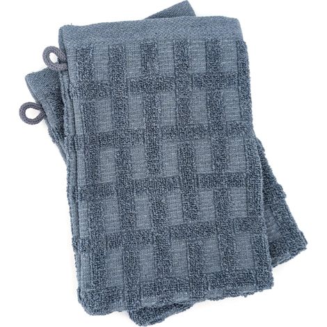 Lot de 2 gants de toilette 16x21 cm pur coton collection DENIM à bordures géométrique bleu