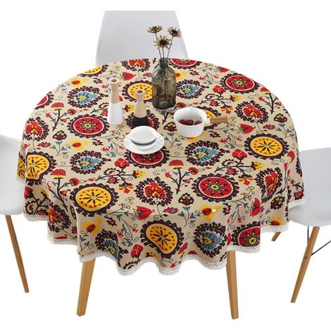 Tapete De Mesa Redonda - Algodón Lino - Diseño Floral - Borde De Encaje - Diámetro 150 Cm (1/5)
