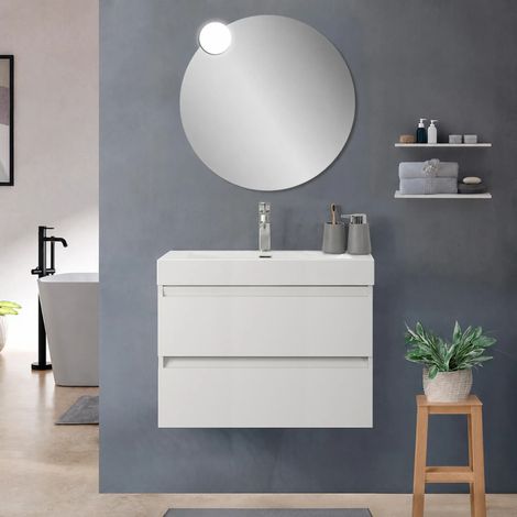 Mobile bagno sospeso 80 cm bianco lucido con due cassetti e lavabo alto in resina Leda (1/5)