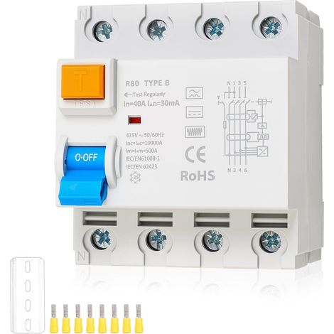 Disjoncteur FI type B 40 A 30 mA 4 pôles, disjoncteur différentiel, interrupteur FI, rail DIN (1/5)