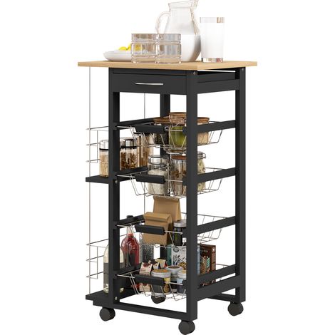 Chariot de cuisine avec roues 4 paniers métalliques amovibles tiroir 47x37x83 cm Noir