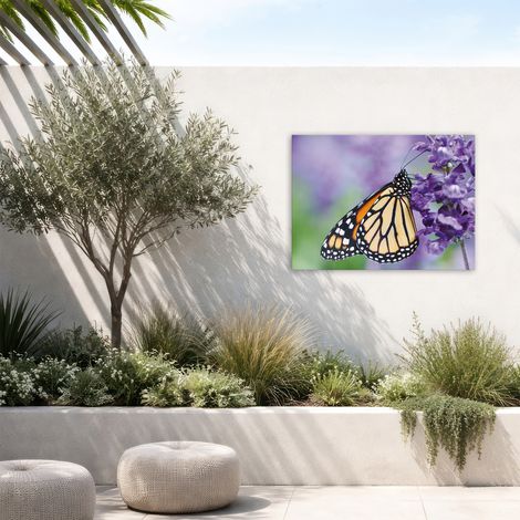 Tableau de jardin Papillon posé sur une fleur 70 x 50cm Violet, orange, vert (1/5)