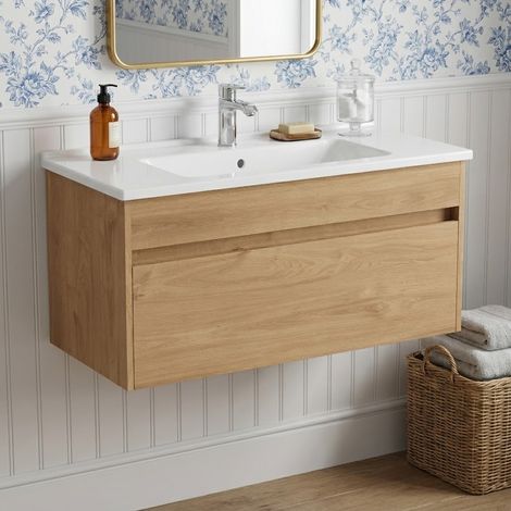 Vitra S50+ Wall Hung 1-Drawer Vanity Unit with Basin 1000mm Wide - Golden Oak