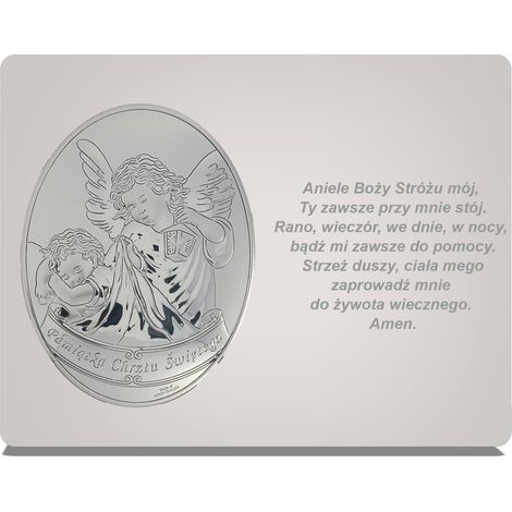 Quadro moderno in argento con angelo custode da appendere sopra il letto, con incisione, 15x11,5 cm, souvenir per battesimo Dimensioni: 15x11,5 cm Codice articolo: VL815/1BI/S