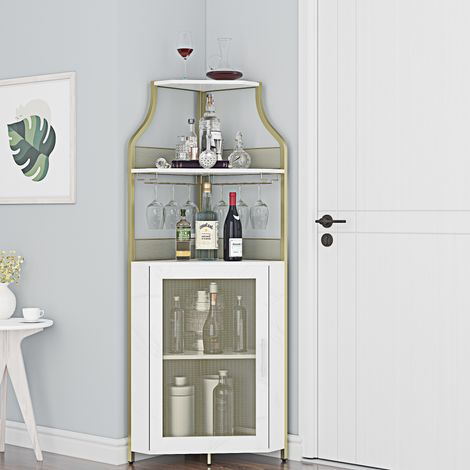 Armoire à Vin d'angle Style Industrielle avec étagère Réglable et Porte en Maille, Meuble de Rangement avec Porte-Verre à Vin, Armoire de Rangement sur Pieds pour Bar, Cuisine, Salon, blanc (1/5)