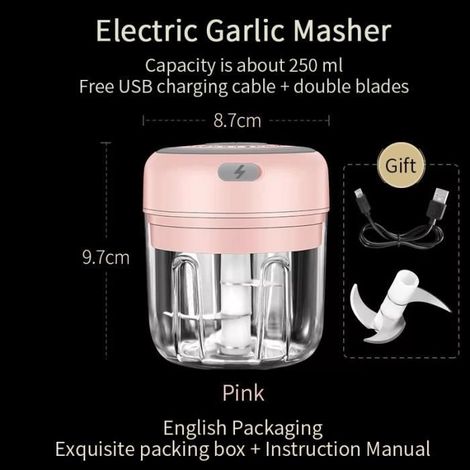 Mini-Akku-Knoblauchmühle, Zerkleinerer, USB-Ladegerät für zerkleinerten Knoblauch, zerkleinerten Ingwer, frische Chilischoten, 250 ml, Pink (1/4)