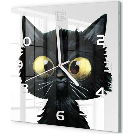 Horloge Murale Carrée Décoration Salon Moderne Verre Trempé Artistique Illustration de chat 30x30 cm (1/5)