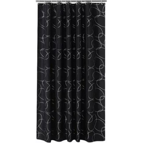 [Cortina de ducha] Cortina de ducha impermeable de poliéster grueso, 180 x 180 cm, con anillas metálicas y diseño de círculos negros y plateados – incluye 12 ganchos (1/5)